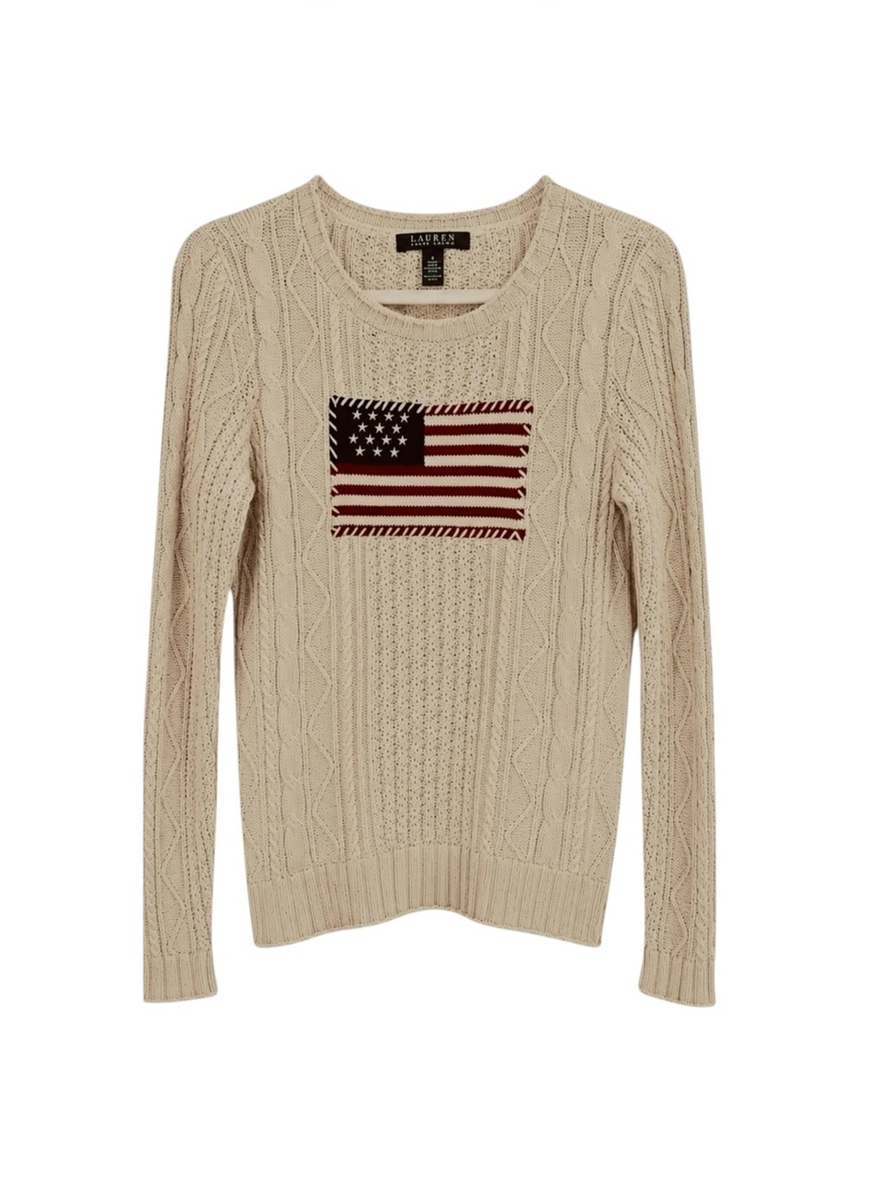 Lauren Ralph Lauren Aran-Knit American Flag Sweater – Cream – Size S